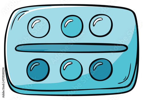 Cartoon illustration of a blue medicine blister pack with six pills