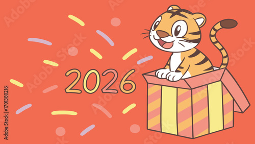 Cute cartoon tiger sitting on gift box with 2026 letters, pastel confetti festive vector