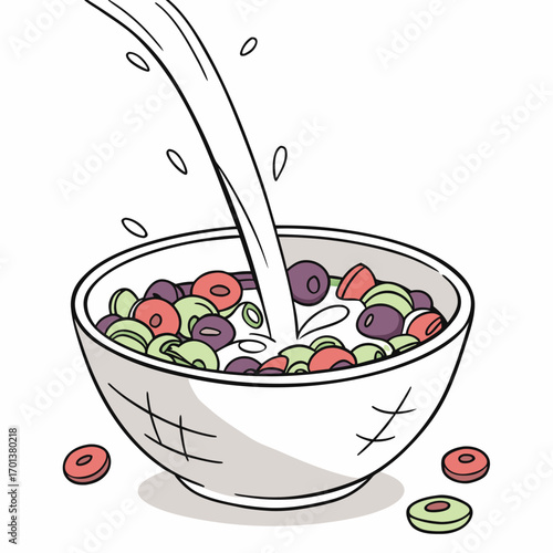 Delicious milk flows into a bowl of sweet, vibrant breakfast cereal