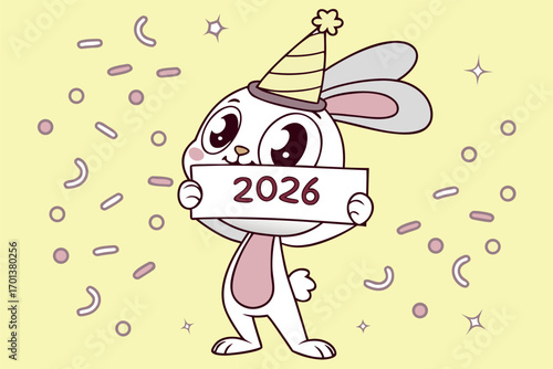 Adorable kawaii bunny holding 2026 banner, party hat and confetti, happy new year cartoon vector EPS