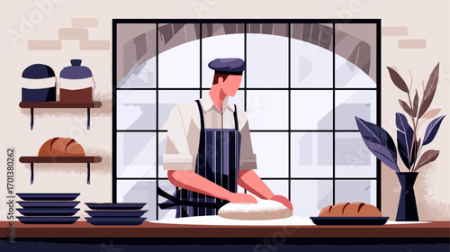 Baker kneading dough in cozy bakery