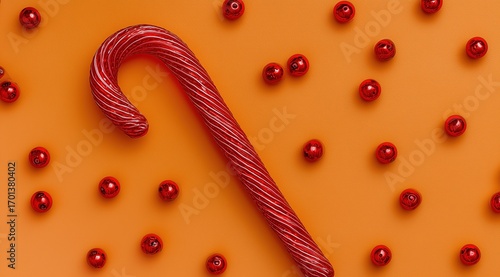 Red Candy Cane with Shiny Red Balls on an Orange Background for Festive Design