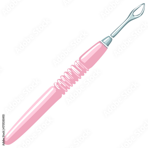Cuticle pusher tool for beauty and manicure needs with a pink plastic handle