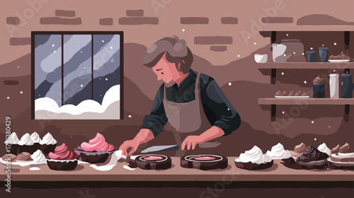 Baker preparing baked goods in a cozy shop during snow