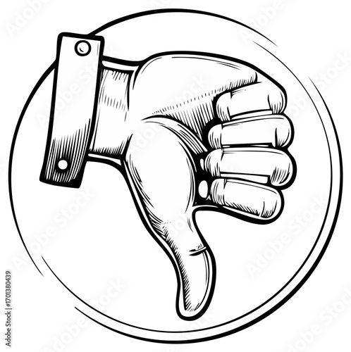 Hand giving thumbs down symbol inside a circle in an illustrative design
