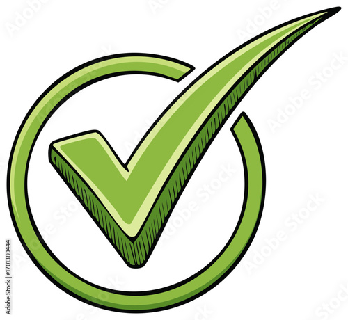 Green checkmark in circle, symbol of approval, acceptance or verification in simple cartoon style