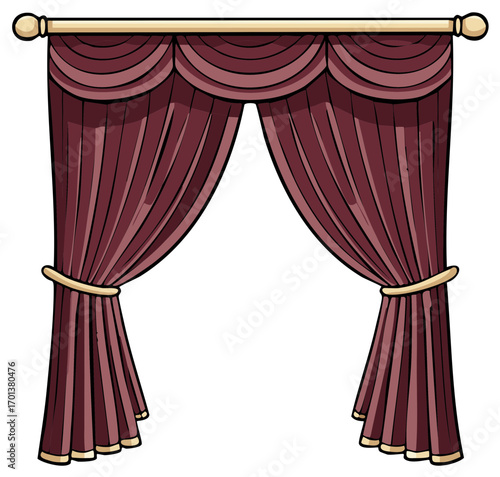 Illustration of elegant drawn maroon curtains with ornamental valance, with a beige rod.