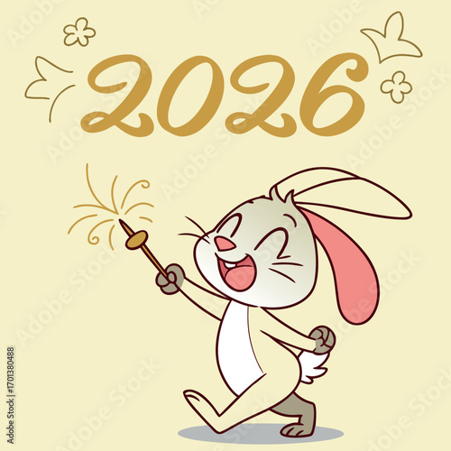 Adorable Bunny Mascot with Sparkler, Golden 2026 Typography, Festive Cartoon Vector