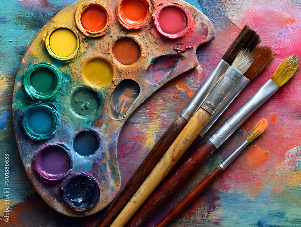 Fototapeta premium Colorful artists palette with an assortment of brushes
