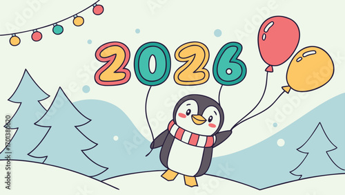 Cute penguin holding 2026 party balloons, festive cartoon vector illustration