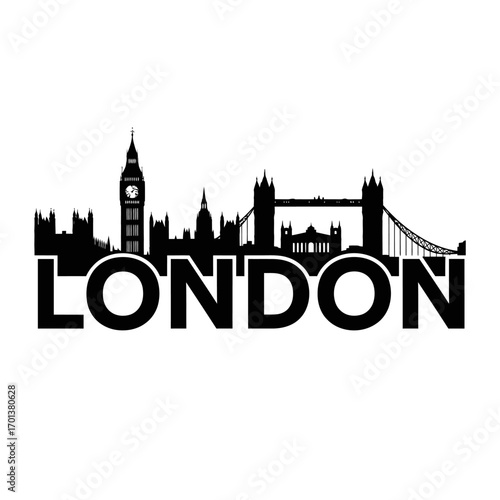 Silhouette of London skyline with iconic landmarks and the city name in bold letters.