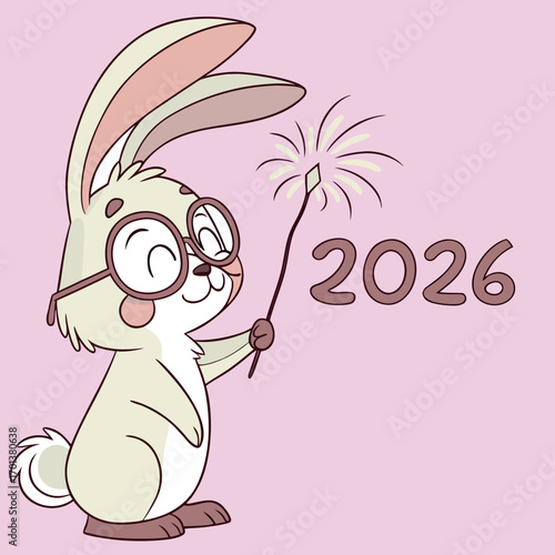 Adorable cartoon bunny celebrating New Year 2026 with sparkler, kawaii style illustration