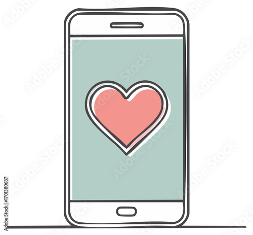 Modern smartphone with a lovely red heart symbol on screen showing digital connection or likes