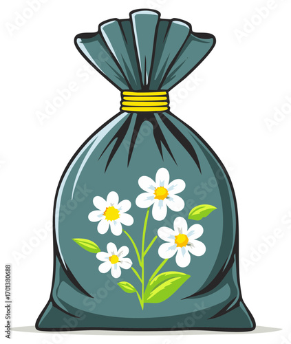 Flowers in Garbage Bag Whimsical Decorative Motif Plant Design Concept Recycle Symbolism