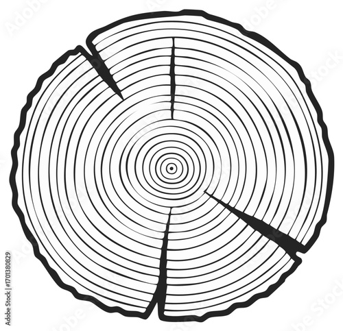 Detailed cross section illustration of a tree trunk showing annual growth rings and natural cracks
