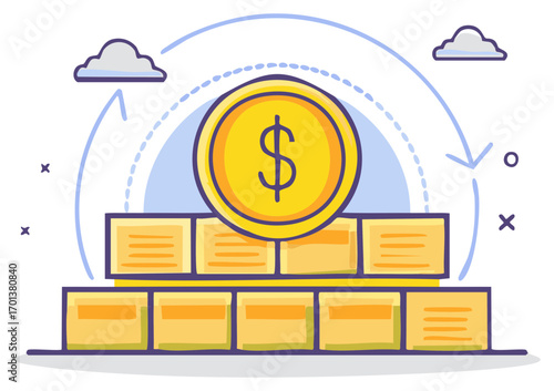 Dollar coin and stacked gold bars representing financial growth, investment, and economic circulation