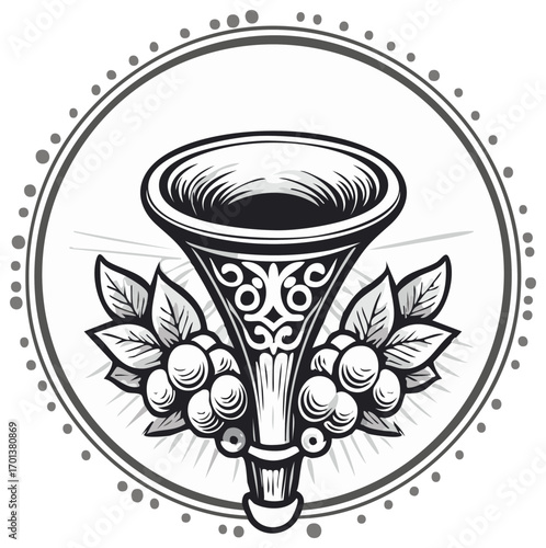 Vector illustration of ornate Cornucopia with fruits and leaves inside a dotted circle frame, black and white graphic style.