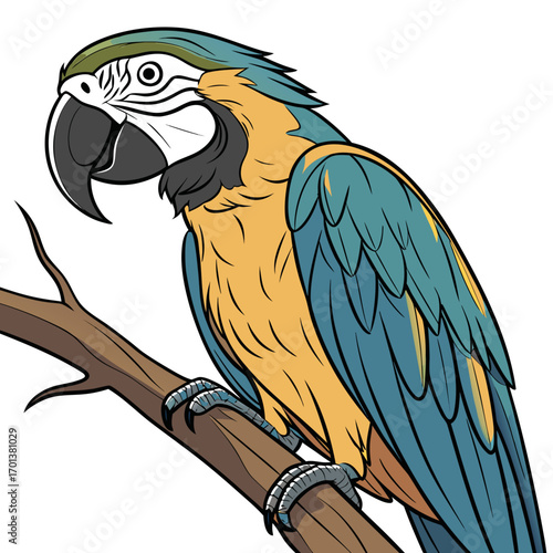 Blue and Yellow Macaw Perched on a Branch Illustration
