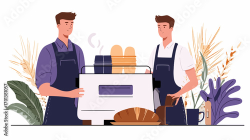 Barista serving coffee and bread