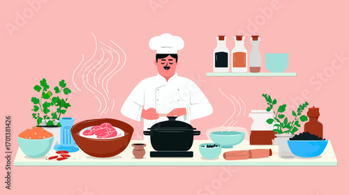 Chef cooking in kitchen with various ingredients