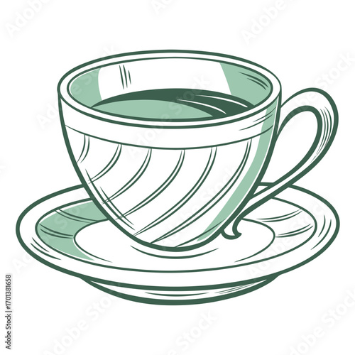 Vintage line art illustration of a teacup on a saucer for a coffee break