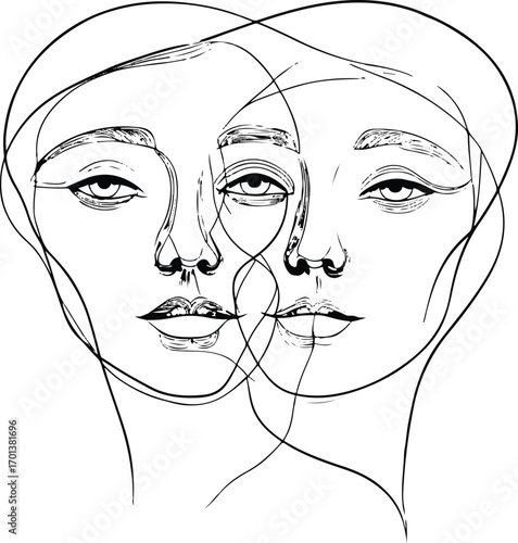 continuous line drawing of two overlapping faces, minimalist black outline, white background, modern abstract style 2