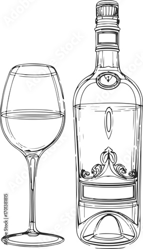 continuous line drawing of wine bottle and glass, elegant black outline, white background