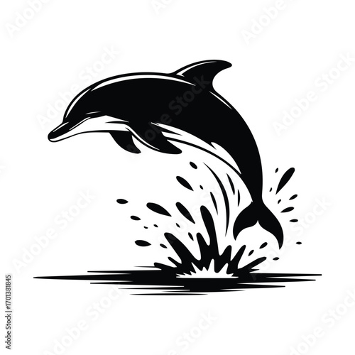 Majestic dolphin leaping out of the water monochrome illustration for wildlife designs