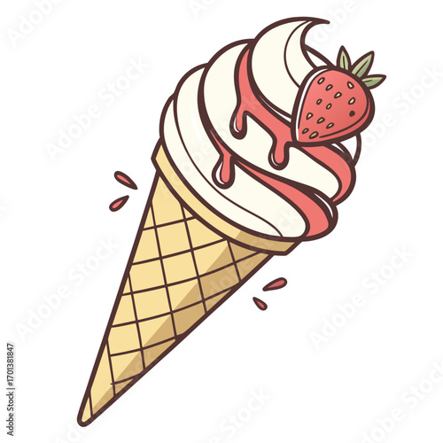 Strawberry Drizzled Ice Cream Cone Illustration