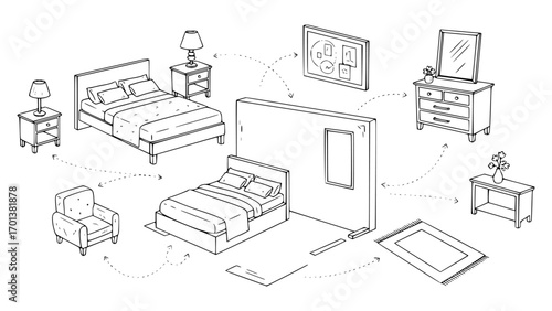 Bedroom furniture and decor elements arranged in a schematic drawing