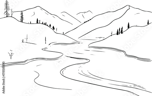 minimal landscape line art of mountains with river, thin black lines, white background, calm scene