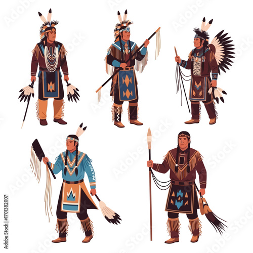Five Native American men in traditional ceremonial attire, showcasing various cultural regalia and accessories.
