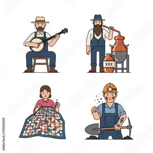 Four stylized figures representing traditional American occupations: a banjo player, a moonshiner, a quilter, and a miner.