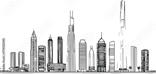 minimal line art of a modern city skyline, simple thin lines, iconic buildings, white background, black outline only 1