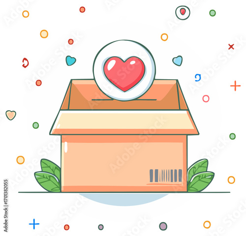 Cartoon illustration of a charity box with heart symbol and decorations.