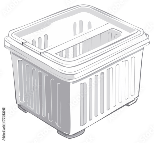 Isometric illustration of a stackable storage box container with handle openings, isolated on a neutral background, useful organization item