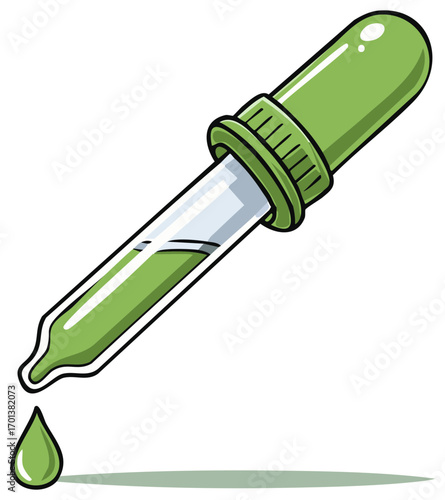 Cartoon illustration of a medicine dropper with green liquid dispensing a single vibrant drop