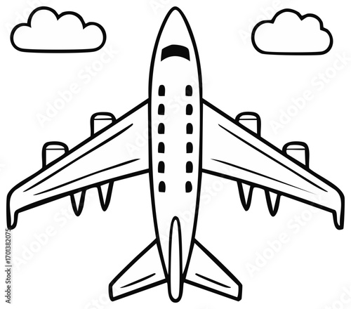 Top view stylized airplane flying among clouds in a simple outline drawing