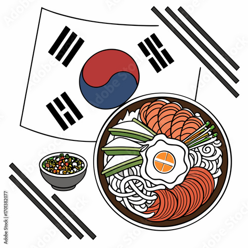 Korean Bibimbap with Flag and Chopsticks Illustration