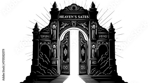Grand entrance to heavens gates with ornate architecture and radiant light