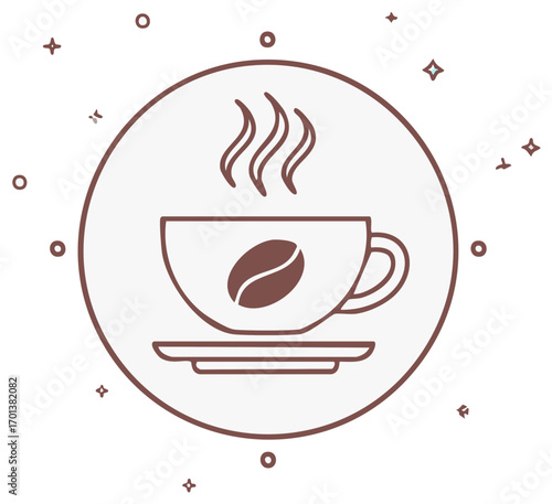 Steaming Coffee Cup with Coffee Bean inside Circle with Sparkles Minimalist Beverage Icon