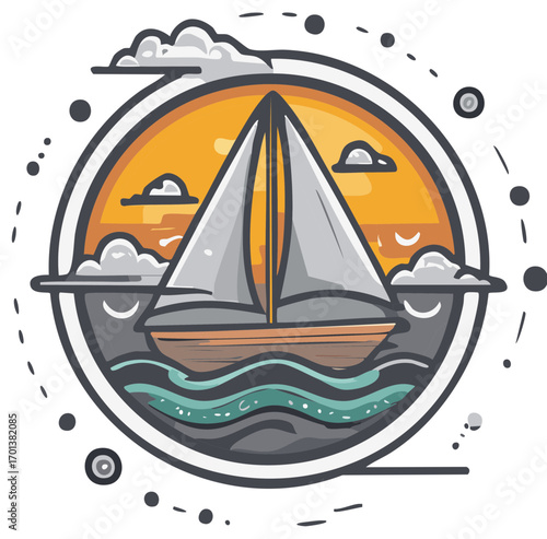 Sailboat gliding on gentle ocean waves against a sunset within a circular frame design offering tranquil nautical feel