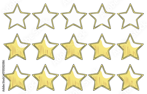Hand drawn gold stars for rating or evaluation concept