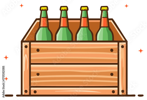 Beer bottles in wooden crate with stars, an illustrated, vintage style