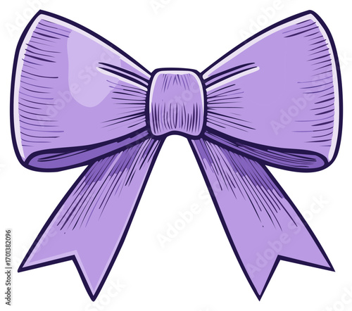 Cartoon Purple Bow Tie Decoration, Isolated Present Ribbon Bow with Tails, Celebration Gift Wrapping Bow Ornament