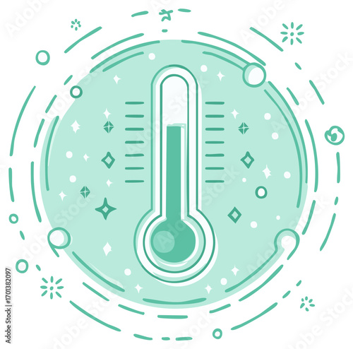 Thermometer displays low temperature with abstract circular design and scattered sparkles