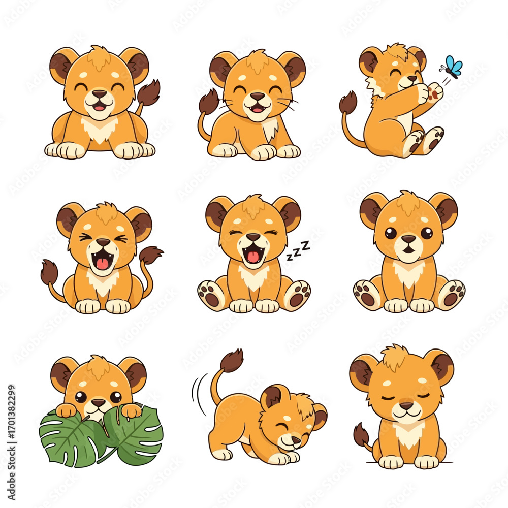 Fototapeta premium Lion Cub Vector Set with Cute Animal Set. Vector Illustration Pack