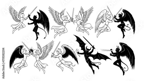 Angels and demons fighting with swords