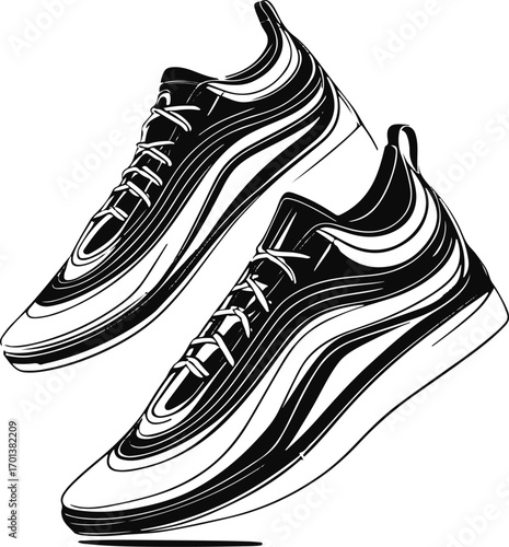 minimal line art of fashionable sneakers, clean black outline, white background, modern footwear design 1