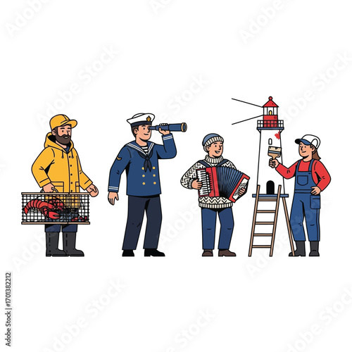 Four diverse characters, a fisherman, sailor, musician, and lighthouse keeper, engaged in various maritime activities.